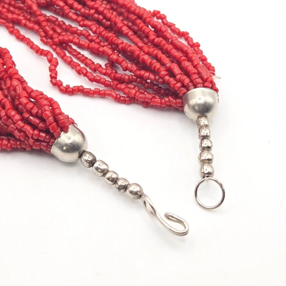 Vintage Multi Strand Necklace Red Faux Coral Glass Seed Bead Silver Tone 21 Inch